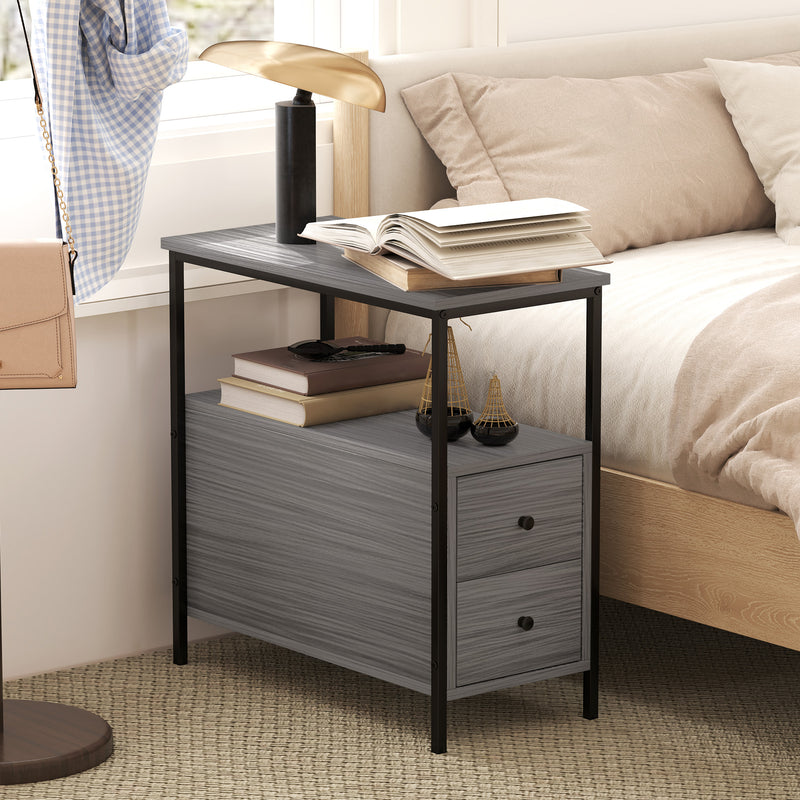 Narrow Grey Wood Bedside Table with 2 Drawers and Shelf for Small Spaces
