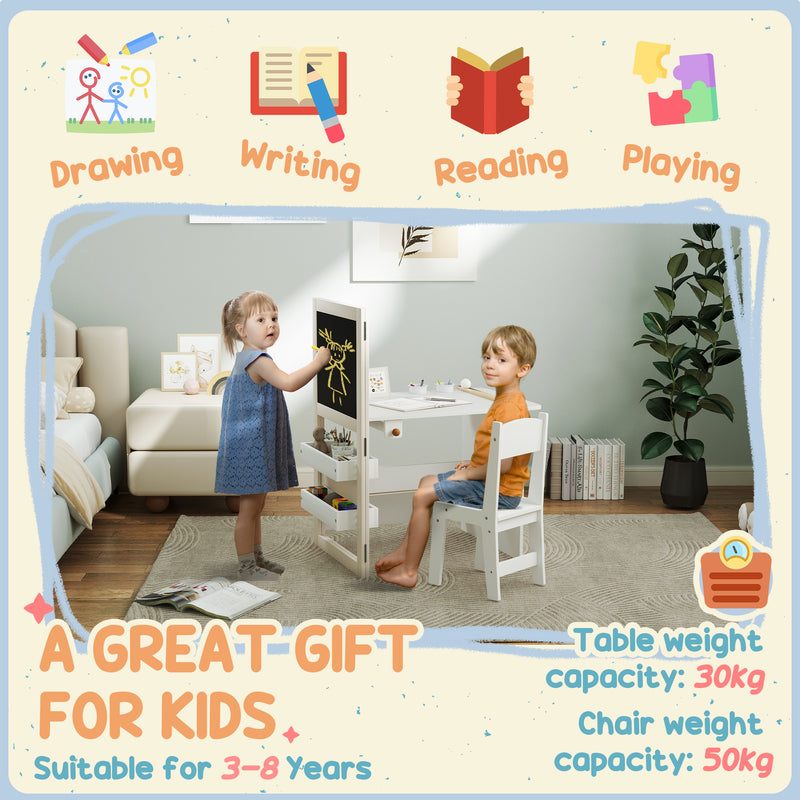 3 in 1 Kids Table and Chair Set with Storage and Drawing Board for Ages 3 to 8 White AOSOM