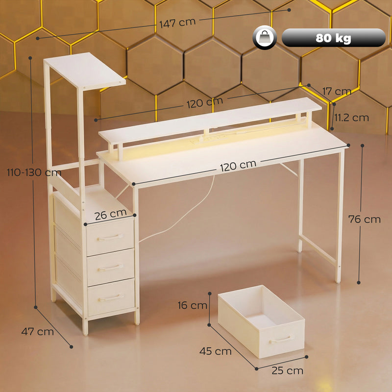 Computer Desk with Monitor Stand and Built-In Charging Hub for Home Office or Gaming White AOSOM