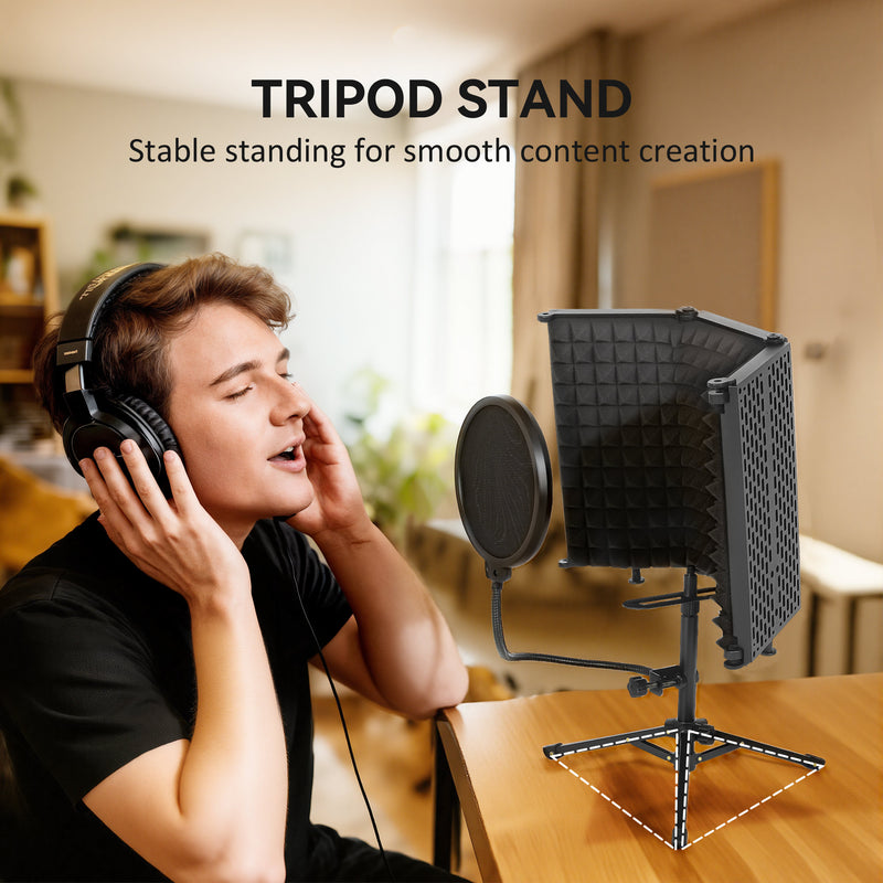 Foldable Studio Microphone Isolation Shield With Pop Filter And Tripod Stand Black AOSOM