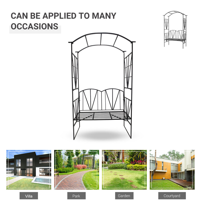 2 Seater Metal Garden Bench With Decorative Arch Ideal For Climbing Plants Black AOSOM