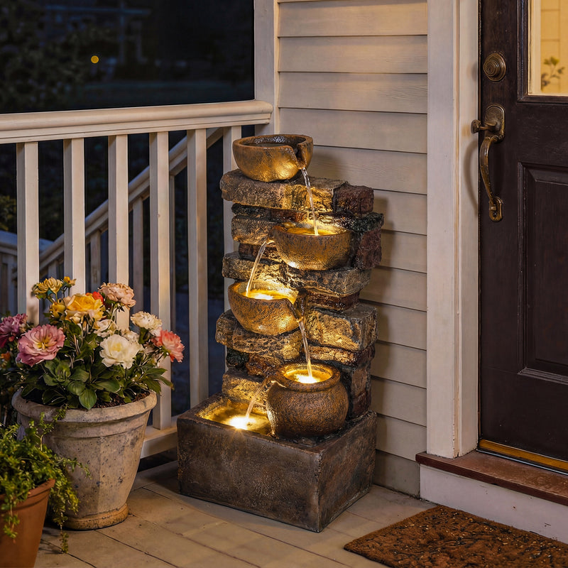 Garden Water Fountain with Calming Cascading Tiers and LED Lights for Relaxing Evenings Rustic Brown Outsunny