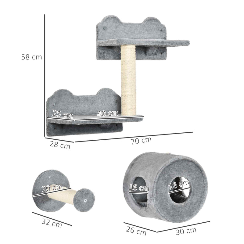 5 Piece Wall Mounted Cat Furniture Set With Perch and Scratching Post Grey AOSOM