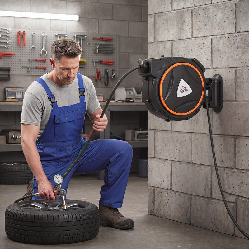 Retractable Air Hose Reel for Safe and Tidy Garage or Workshop 20m Black Orange