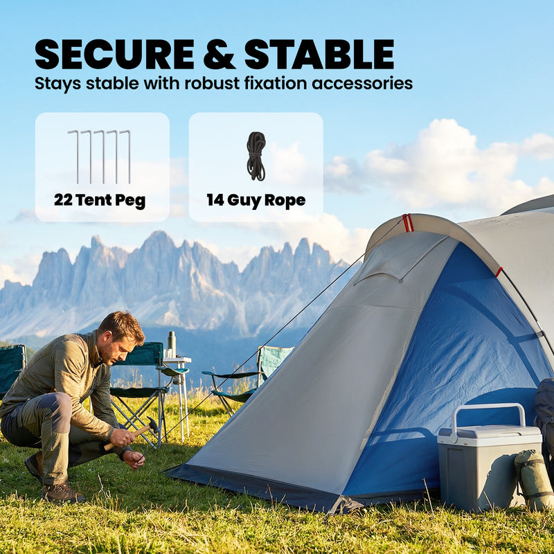 Waterproof Family Tunnel Camping Tent With Bedrooms & Porch, Navy Blue & Light Grey