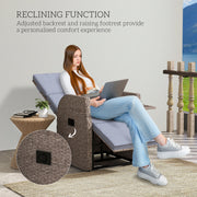 Rattan Reclining Garden Armchair with Footrest Ideal for Outdoor Relaxing Brown Grey AOSOM