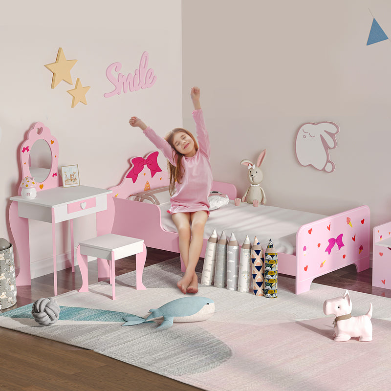 3 Piece Kids Bedroom Furniture Set with Bed Dressing Table and Stool for Ages 3 to 6 Pink AOSOM