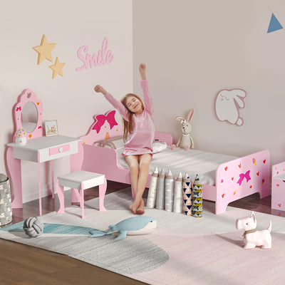 3 Piece Kids Bedroom Furniture Set with Bed Dressing Table and Stool for Ages 3 to 6 Pink AOSOM