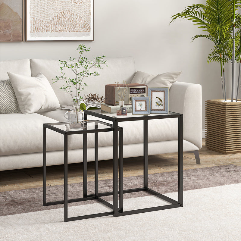 Set of 2 Black Nesting Tables with Tempered Glass Top and Steel Frame for Living Room by HOMCOM