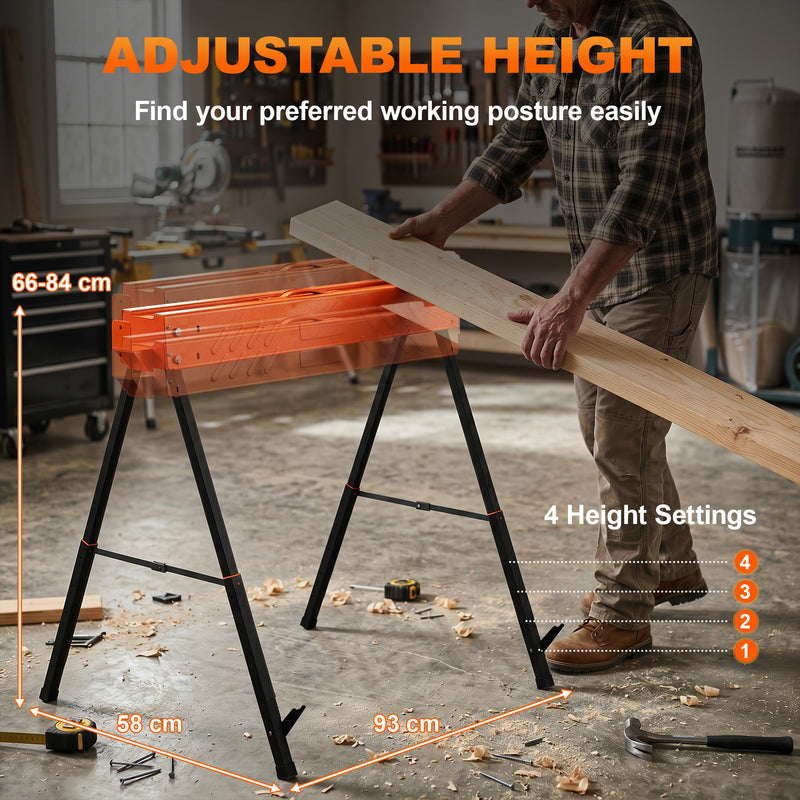 Adjustable Folding Sawhorse Pair for Stable DIY and Woodworking Support Orange Black