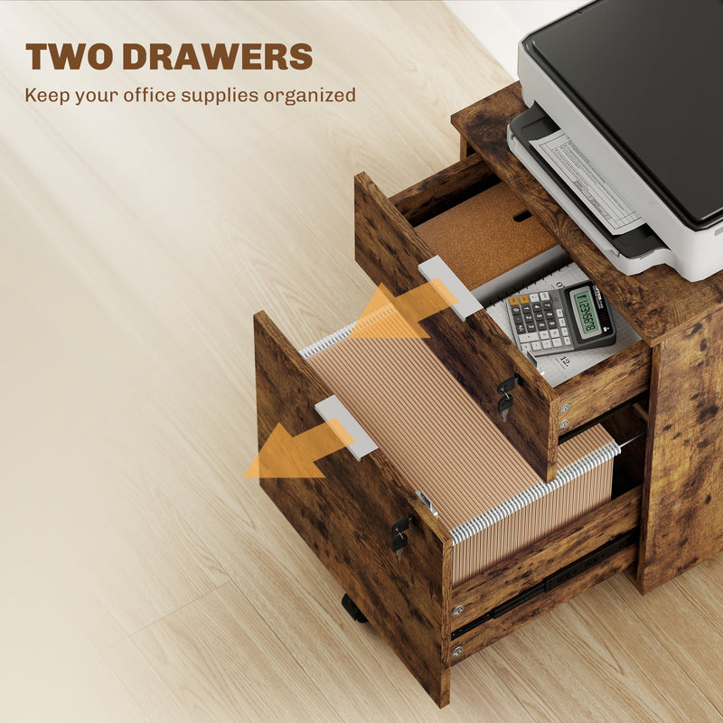 Two Drawer Lockable Filing Cabinet for Home Office with Storage Space Black and Brown AOSOM