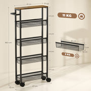 5 Tier Slim Storage Trolley With Wheels And Wood Effect Top For Kitchen Or Bathroom Black AOSOM