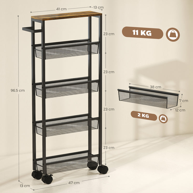 5 Tier Slim Storage Trolley With Wheels And Wood Effect Top For Kitchen Or Bathroom Black AOSOM