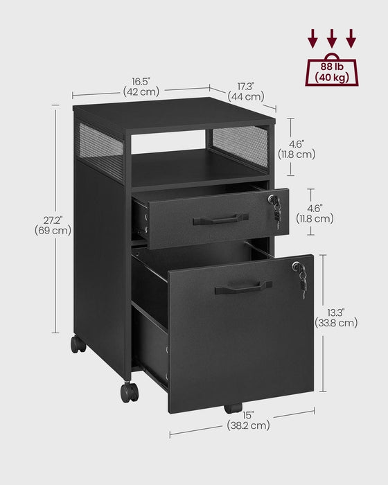 Image of Vasagle Under Desk Drawers in Black. This unit consists of one large drawer that can be used for files, a smaller drawers that can be used for stationary and office supplies, and an open shelf. It's on wheels and can neatly sit under a standard desk. The drawers can both be locked independently.