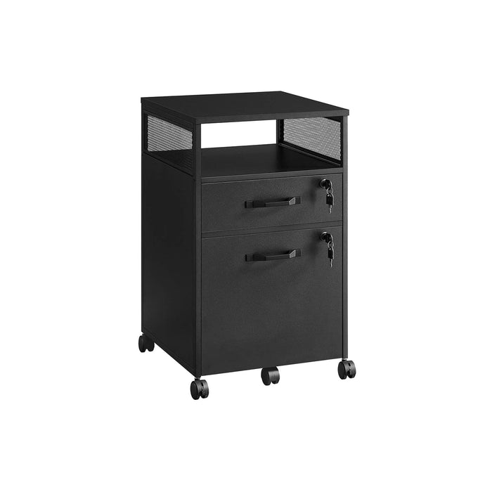 Image of Vasagle Under Desk Drawers in Black. This unit consists of one large drawer that can be used for files, a smaller drawers that can be used for stationary and office supplies, and an open shelf. It's on wheels and can neatly sit under a standard desk. The drawers can both be locked independently.