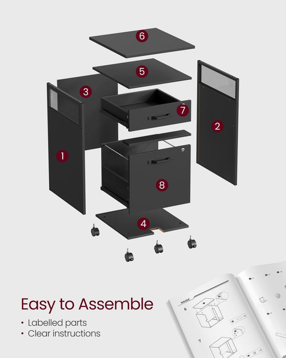 Image of Vasagle Under Desk Drawers in Black. This unit consists of one large drawer that can be used for files, a smaller drawers that can be used for stationary and office supplies, and an open shelf. It's on wheels and can neatly sit under a standard desk. The drawers can both be locked independently.