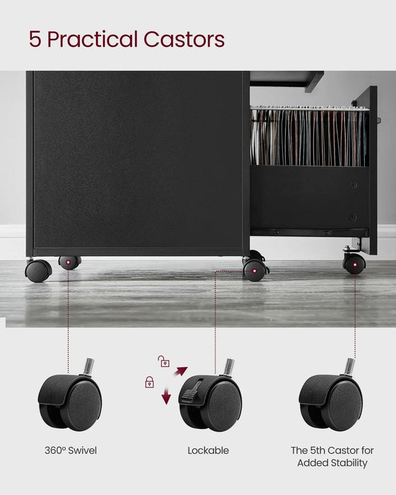 Image of Vasagle Under Desk Drawers in Black. This unit consists of one large drawer that can be used for files, a smaller drawers that can be used for stationary and office supplies, and an open shelf. It's on wheels and can neatly sit under a standard desk. The drawers can both be locked independently.