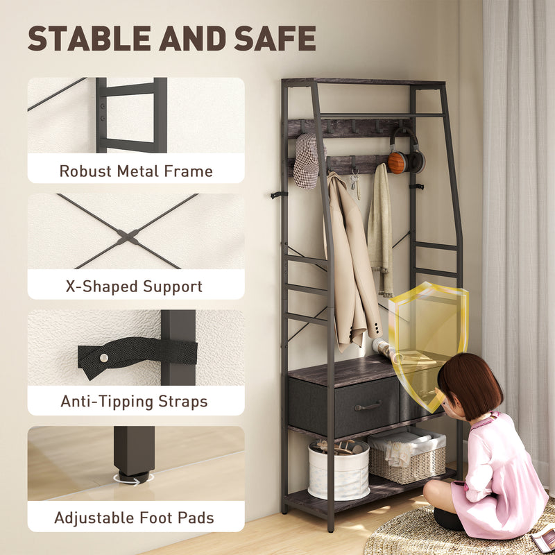 Coat Rack Hall Tree With Shoe Storage Bench and Drawers for Hallway or Entryway Grey