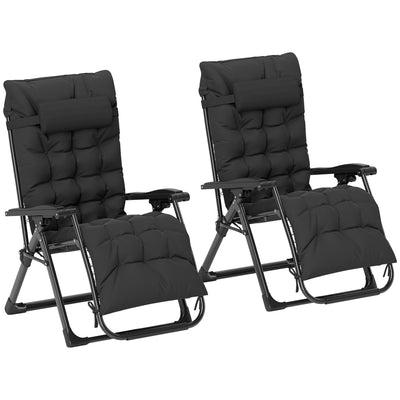 2 Piece Zero Gravity Reclining Sun Loungers With Cushions For Garden Relaxation Black AOSOM