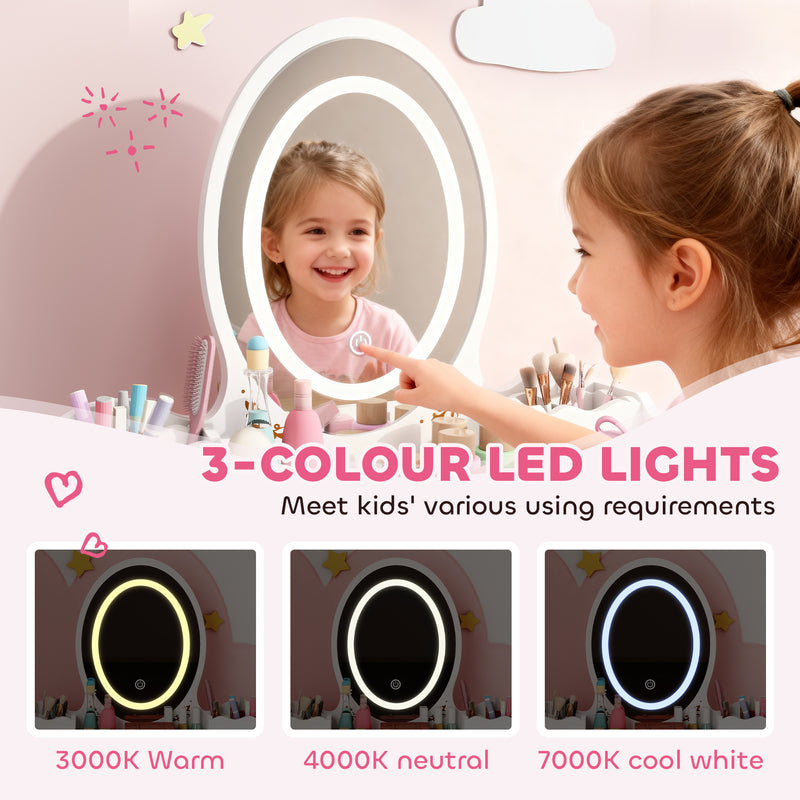 Kids Vanity Table and Chair Set with LED Mirror and Storage for Ages 3 and Up White AOSOM