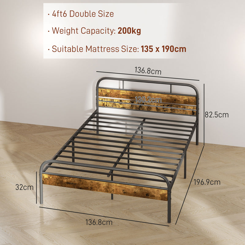Industrial Style Double Bed Frame Metal and Wood Black and Brown by HOMCOM