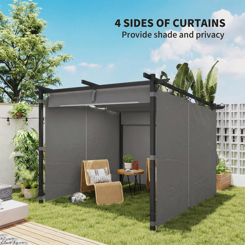 3x3m Metal Retractable Pergola With Side Curtains for Flexible Outdoor Shade, Grey