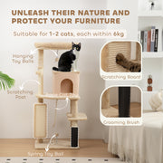 Cat Tree Tower With Scratching Posts Bed House and Brush For Indoor Cats, Beige AOSOM