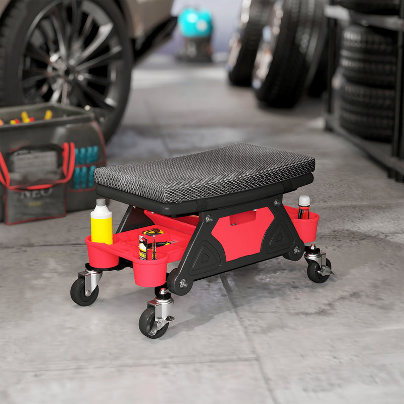 Mechanic Roller Seat with Tool Storage and Cushioned Support for Garage Work Black