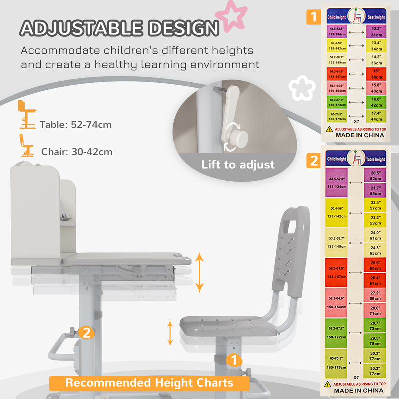 Height Adjustable Kids Study Desk and Chair Set With Storage for Homework Time, Grey