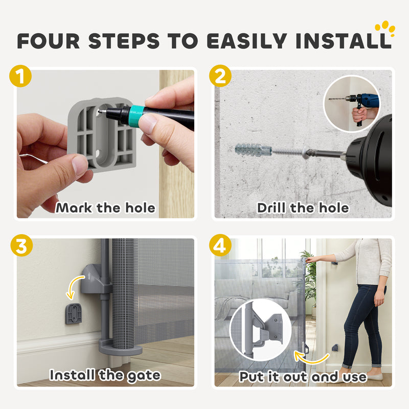 Retractable Dog Gate for Doorways and Stairs with One-Handed Operation Grey AOSOM