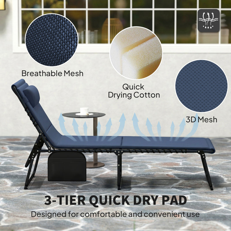Set of 2 Adjustable Folding Sun Loungers with Side Pockets for Garden Relaxing Dark Blue