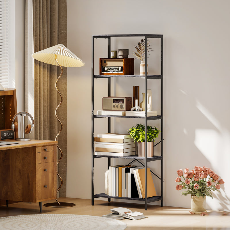 5 Tier Industrial Style Bookcase With Sturdy Metal Frame For Home Office Storage Dark Grey Black AOSOM