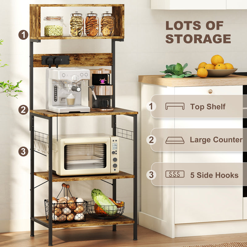 Kitchen Storage Rack with Power Outlet USB Ports Adjustable Shelves and Hooks Rustic Brown