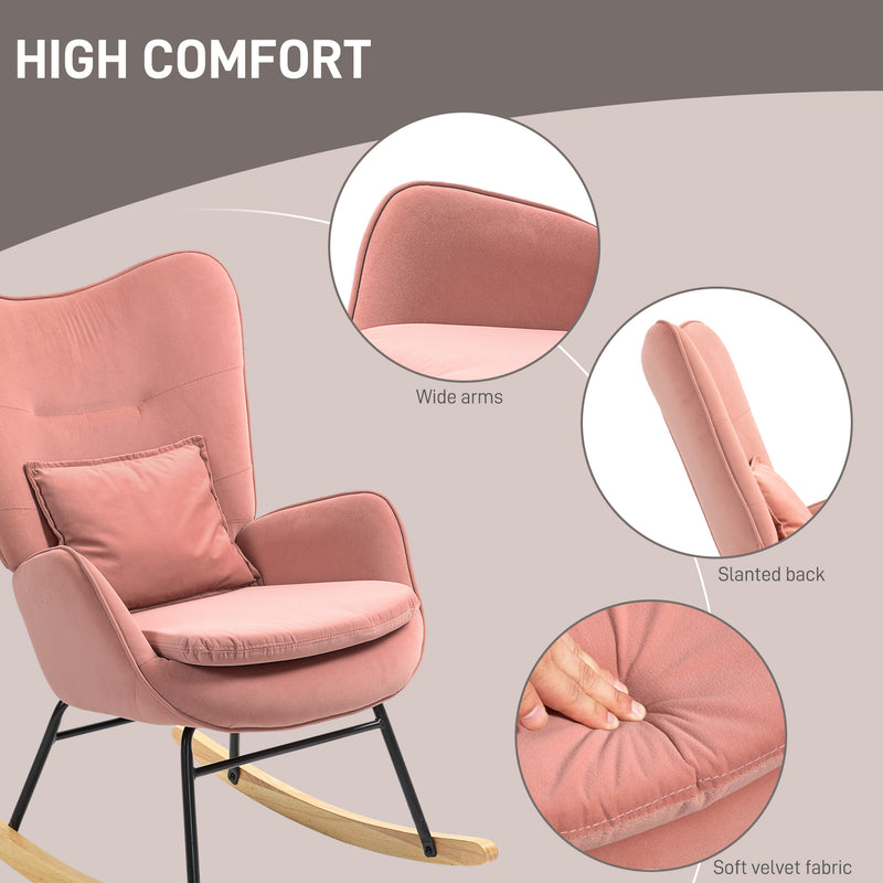 Pink Velvet Feel Rocking Armchair with Padded Seat and Wooden Base by HOMCOM