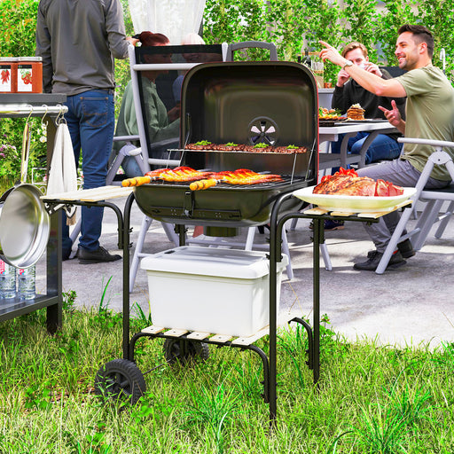 Red Portable Charcoal BBQ Grill with Large Cooking Area Shelves and Wheels by Outsunny