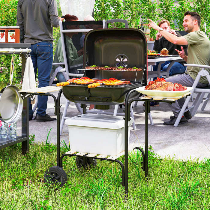 Red Portable Charcoal BBQ Grill with Large Cooking Area Shelves and Wheels by Outsunny