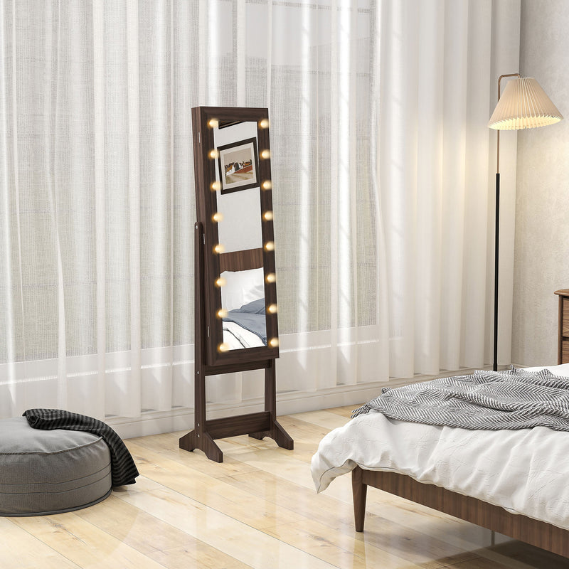 Full Length Jewellery Cabinet Mirror with LED Lights and Adjustable Angle, Dark Brown