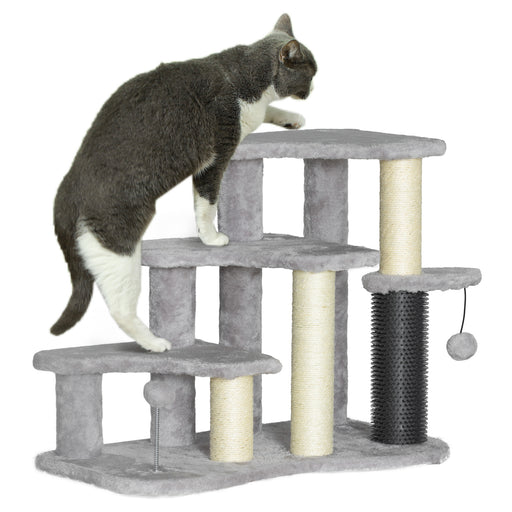 Light Grey 2 in 1 Cat Tree and Pet Steps with Scratching Post and Toys for Sofa or Bed by PawHut