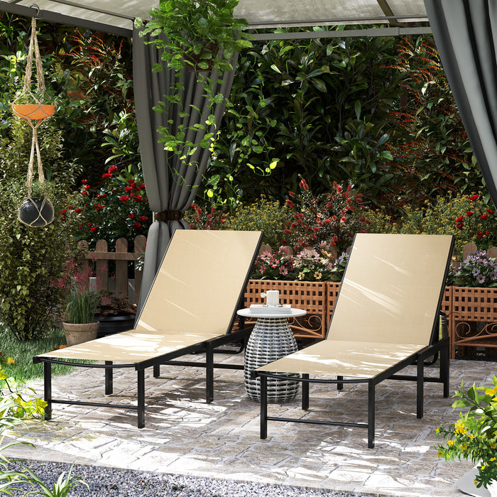 Set of 2 Adjustable Reclining Sun Loungers in Khaki For Outdoor Comfort by Outsunny