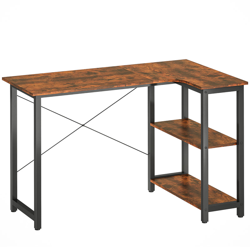Industrial L Shaped Corner Computer Desk with Built In Bookshelf for Home Office Study Rustic Brown