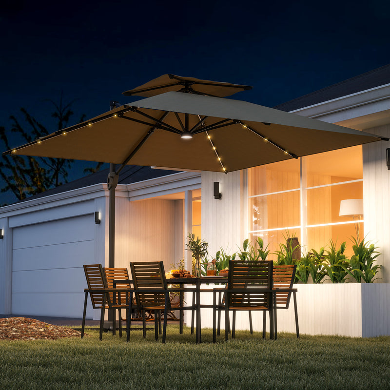 Khaki Cantilever Garden Parasol with Solar LED Lights and UPF50+ Sun Shade by Outsunny