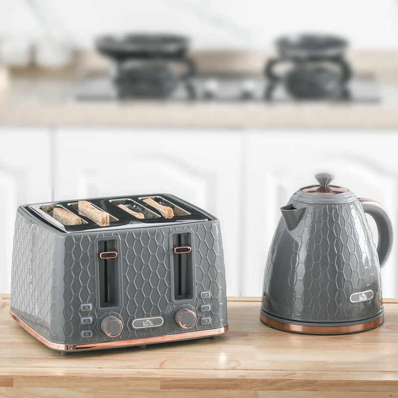 Fast Boil Kettle and 4 Slice Toaster Set with 7 Browning Levels and Crumb Tray Grey