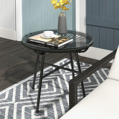 Black Rattan Side Table Round Outdoor Coffee Table With Tempered Glass Top by Outsunny