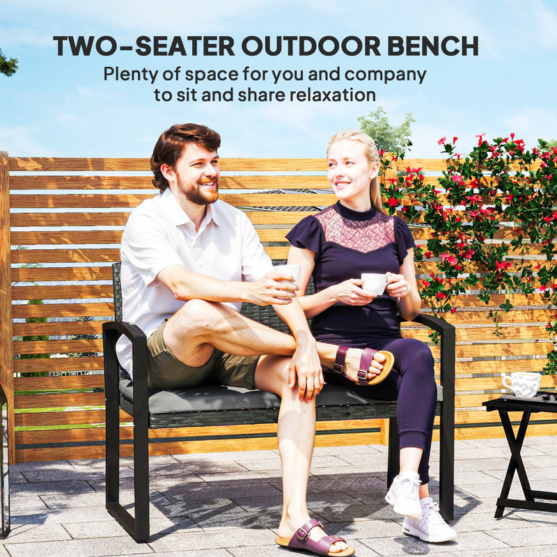 Grey Black Two Seater Rattan Garden Bench Weather Resistant by Outsunny