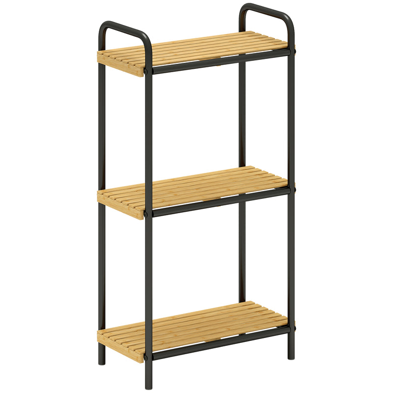 3 Tier Bamboo Bathroom Shelf Freestanding Storage Unit With Slatted Shelves Natural, Black