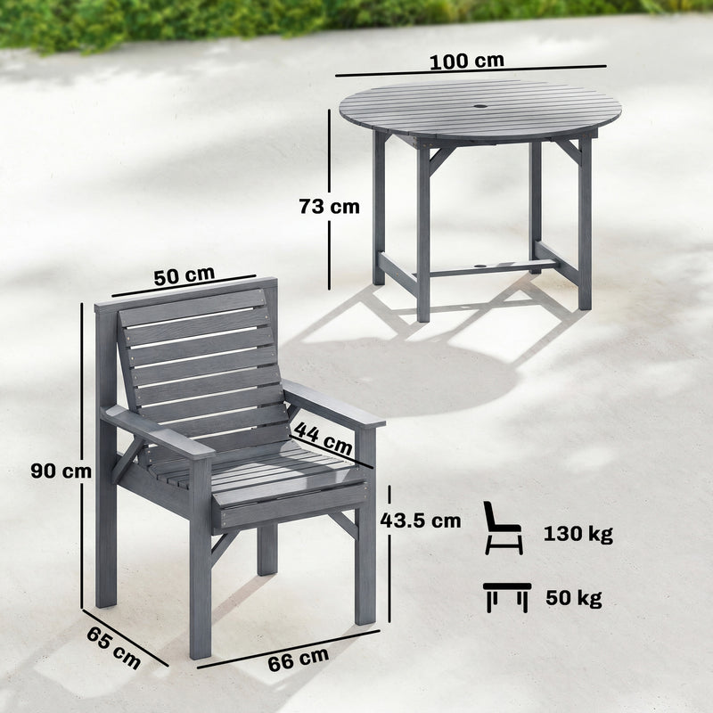 Wooden Garden Dining Set for 4 with Round Table and Umbrella Hole Grey Fir Wood Outsunny