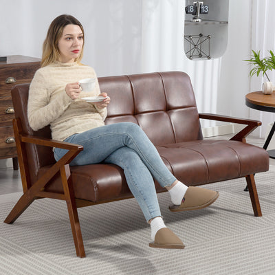 Compact 2 Seater PU Leather Sofa With Tufted Back And Wooden Legs For Home Office Brown