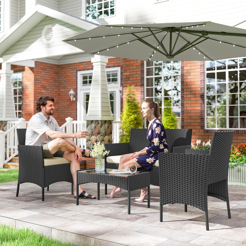 Rattan Garden Furniture Set for 4 with Cushions and Glass Coffee Table Cream White Outsunny