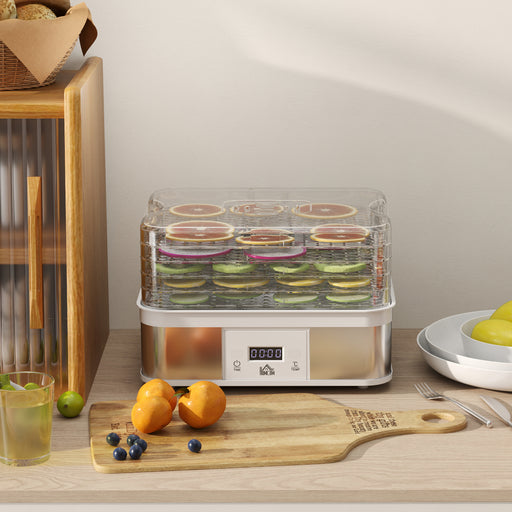 5 Tier Stainless Steel Food Dehydrator with Timer LCD Display for Snacks and Jerky White