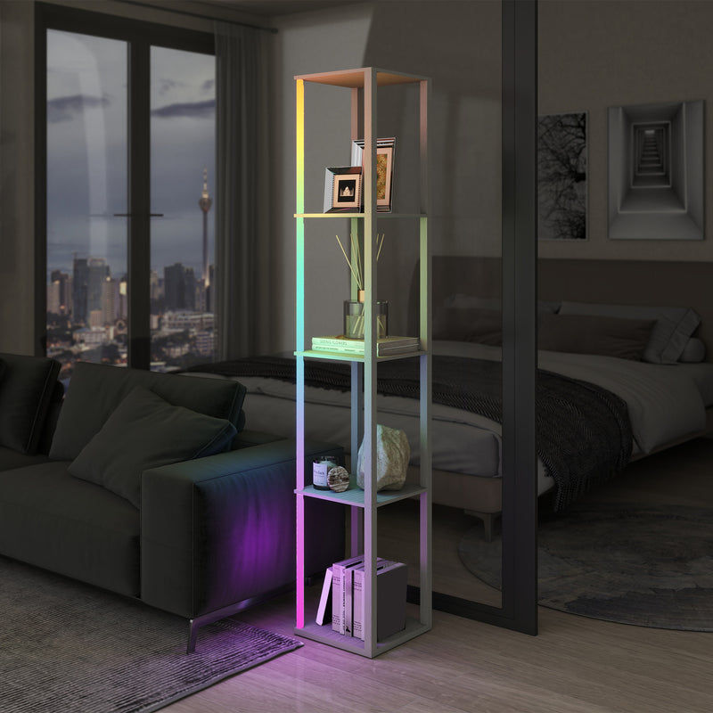 Tall LED Floor Lamp with Shelves and Remote Control for Living Room or Bedroom Oak